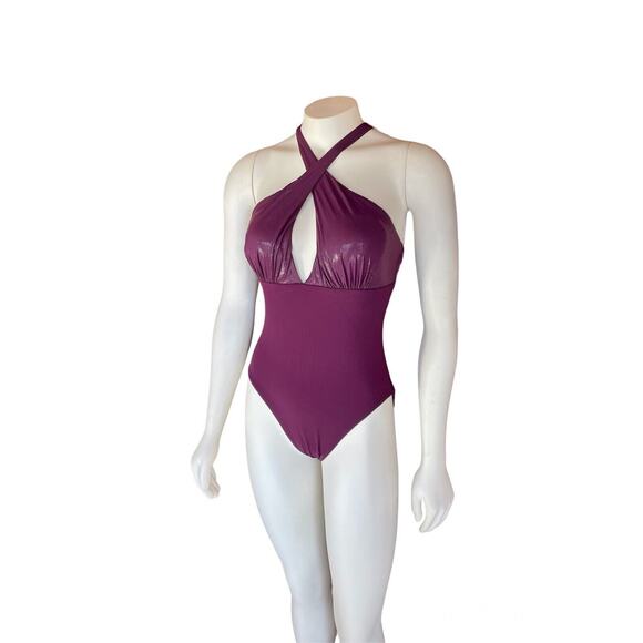 Silvian Imberg Purple One Piece Swim Criss Cross Neck Size 8 - Picture 4 of 11
